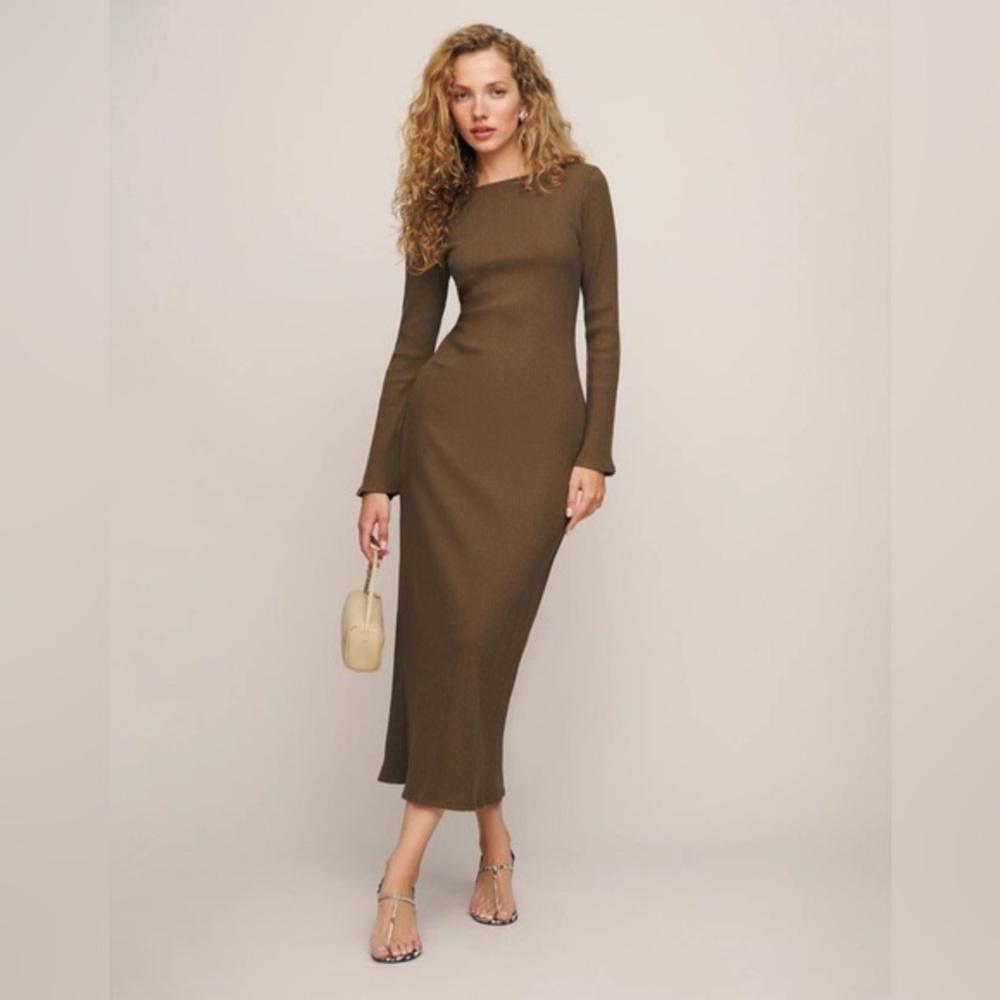 NWT Reformation Delphina Knit Maxi Dress in Woodland Brown Backless XS
